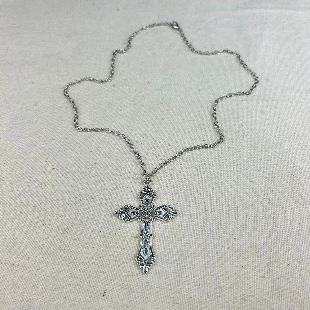 Vintage Y2K silver renaissance cross opium cyber punk style necklace emo goth